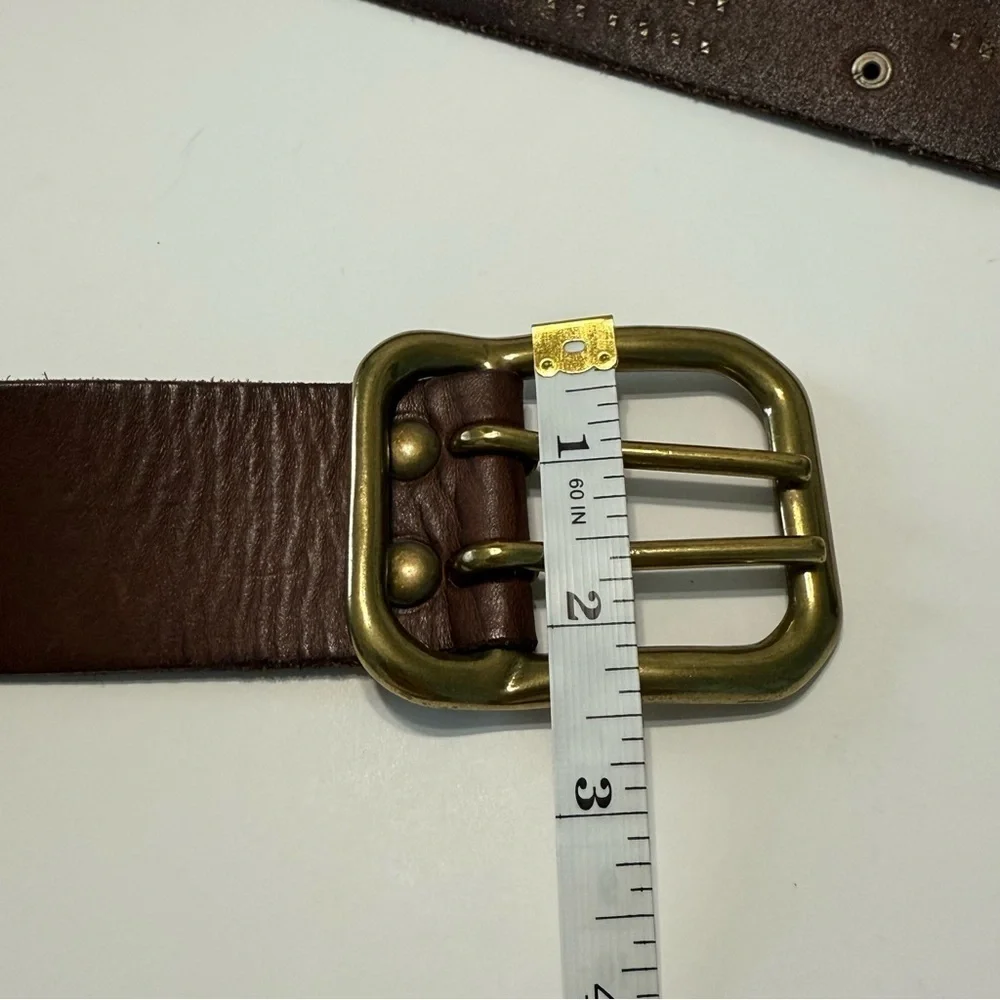 Linea Pelle Vintage Brown Leather Studded Western Belt Brass Double Prong Sz L